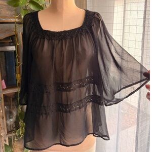 VTG Mudd Y2K Black Sheer Oversized Top Lace Trim Goth Whimsigoth Fairy Grunge S